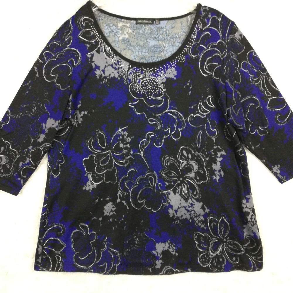Notations Womens Top Sweater Blue Black Floral Jeweled Bling‎ Stretch Knit XL